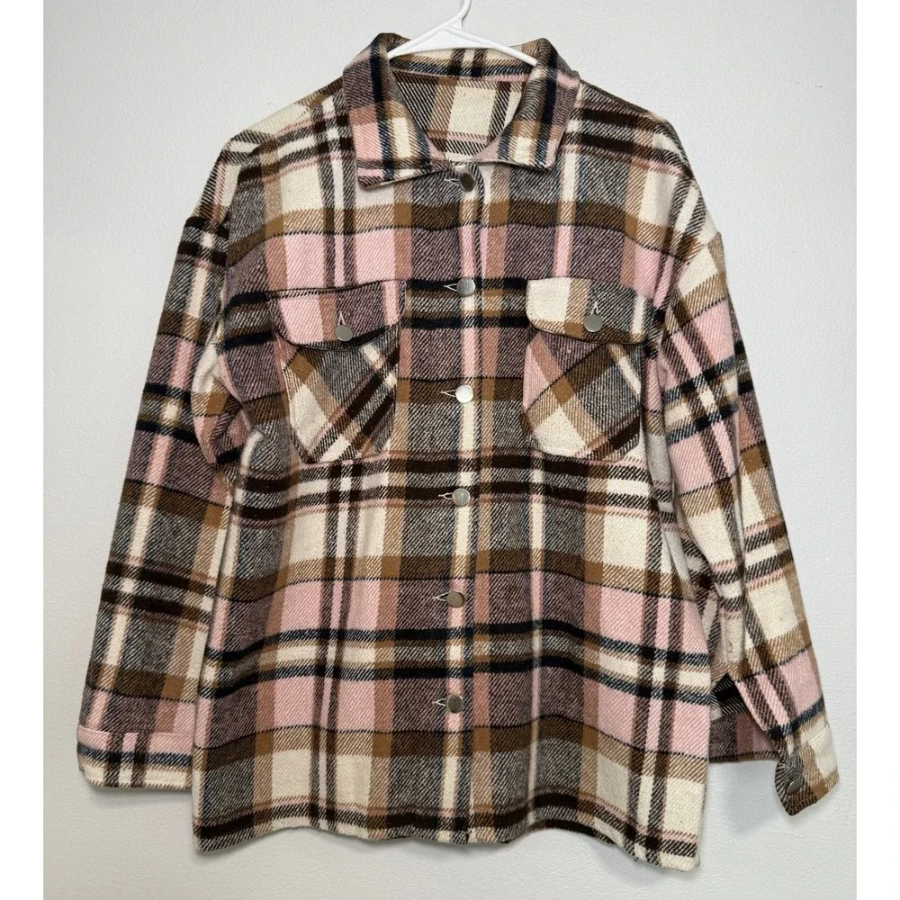 Oversized Plaid Shacket Women Pink‎ Brown Cream Button Down Flannel Shirt Jacket